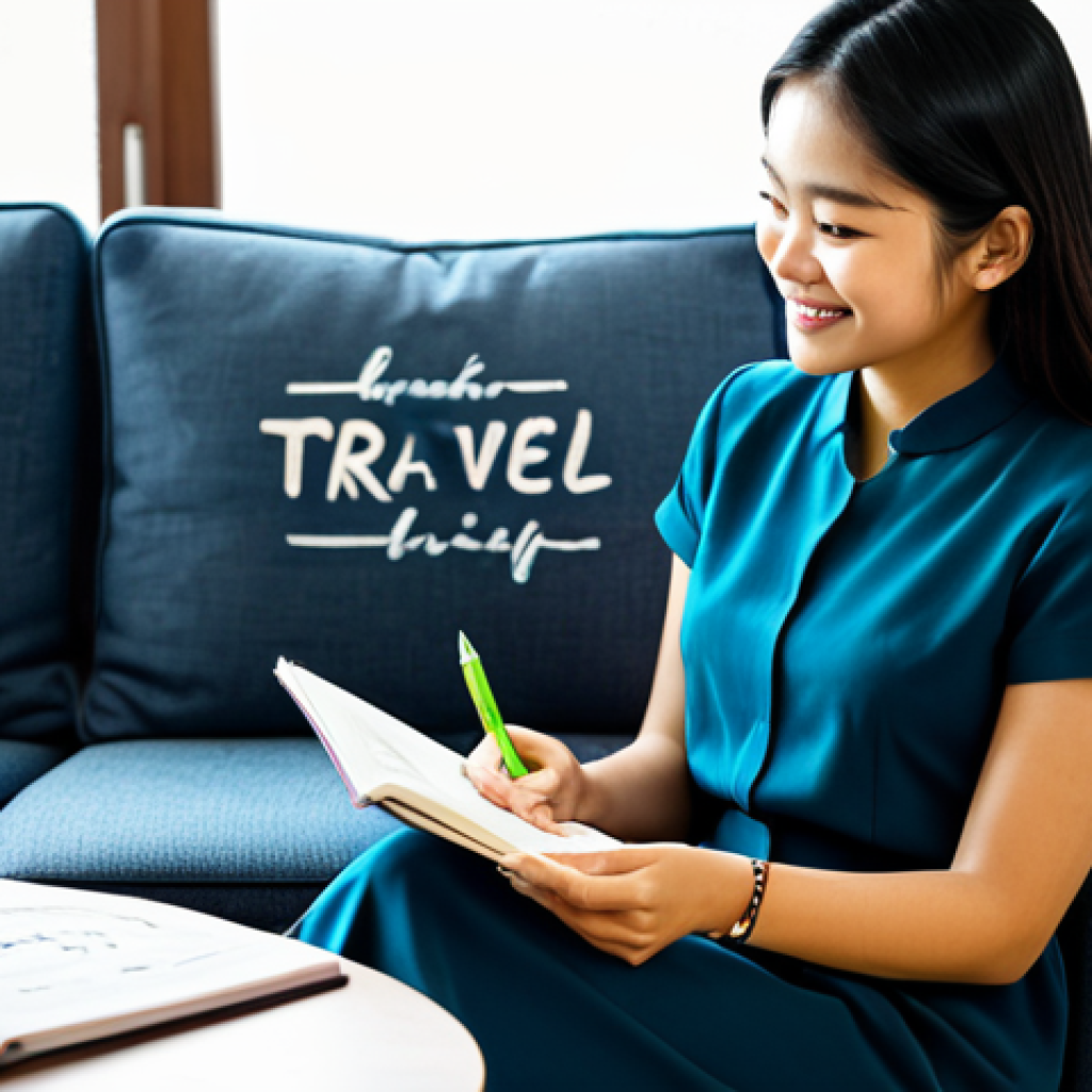 A young adult, fully clothed in comfortable, modest casual wear, is sitting in a brightly lit, modern living room. The room subtly features elements that evoke cultural learning, such as a decorative pattern on a cushion or a small, tasteful artwork on the wall. Various everyday household objects are visible, some with small, elegant Thai script labels attached. On a sleek coffee table, there's an open notebook displaying a visually rich mind map about 'Travel' (Voyage), branching out with clear, handwritten Thai words for airport, plane, and hotel. The person is looking thoughtfully at the map, with a slight, contented smile, immersed in a simulated learning scenario. The scene is well-composed, with perfect anatomy, correct proportions, well-formed hands, and natural body proportions, ensuring a natural pose. High-quality professional photography, soft lighting, vibrant colors, safe for work, appropriate content, family-friendly, professional dress.