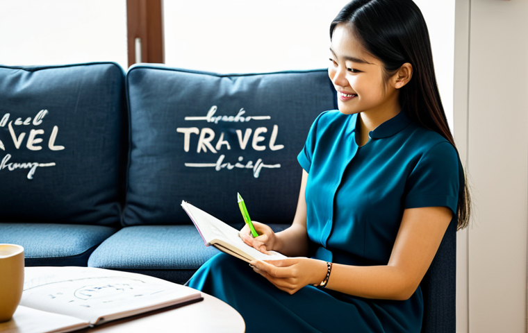 A young adult, fully clothed in comfortable, modest casual wear, is sitting in a brightly lit, modern living room. The room subtly features elements that evoke cultural learning, such as a decorative pattern on a cushion or a small, tasteful artwork on the wall. Various everyday household objects are visible, some with small, elegant Thai script labels attached. On a sleek coffee table, there's an open notebook displaying a visually rich mind map about 'Travel' (Voyage), branching out with clear, handwritten Thai words for airport, plane, and hotel. The person is looking thoughtfully at the map, with a slight, contented smile, immersed in a simulated learning scenario. The scene is well-composed, with perfect anatomy, correct proportions, well-formed hands, and natural body proportions, ensuring a natural pose. High-quality professional photography, soft lighting, vibrant colors, safe for work, appropriate content, family-friendly, professional dress.