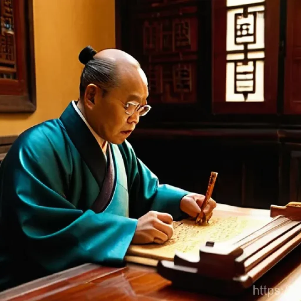 베트남어에서 중국어 차용어 - **Prompt:** An ancient Vietnamese scholar, elegantly dressed in traditional áo dài, sits at a beauti...