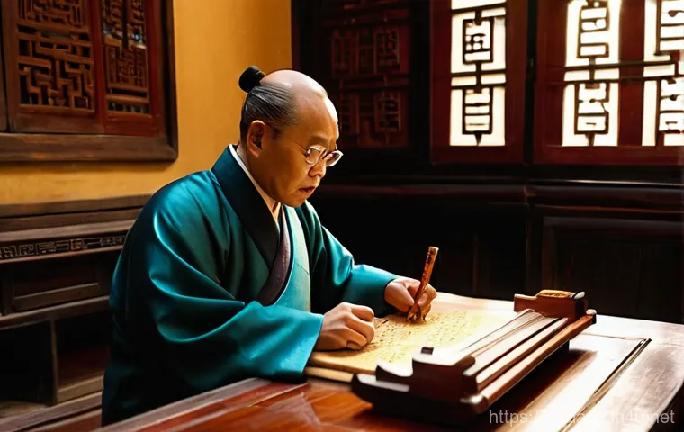 베트남어에서 중국어 차용어 - **Prompt:** An ancient Vietnamese scholar, elegantly dressed in traditional áo dài, sits at a beauti...