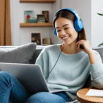 베트남어 빠르게 배우는 법 - **Prompt:** A young French woman in her early twenties, with a warm smile, is comfortably seated on ...