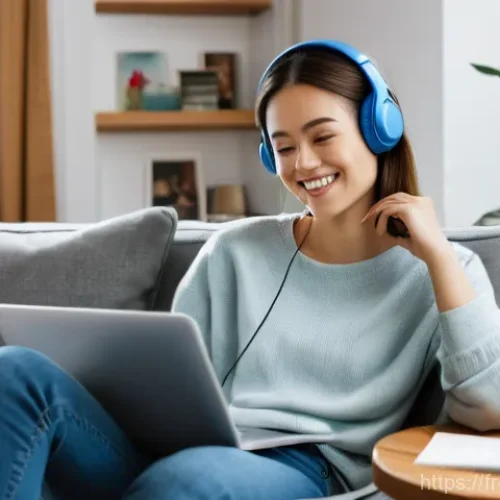 베트남어 빠르게 배우는 법 - **Prompt:** A young French woman in her early twenties, with a warm smile, is comfortably seated on ...