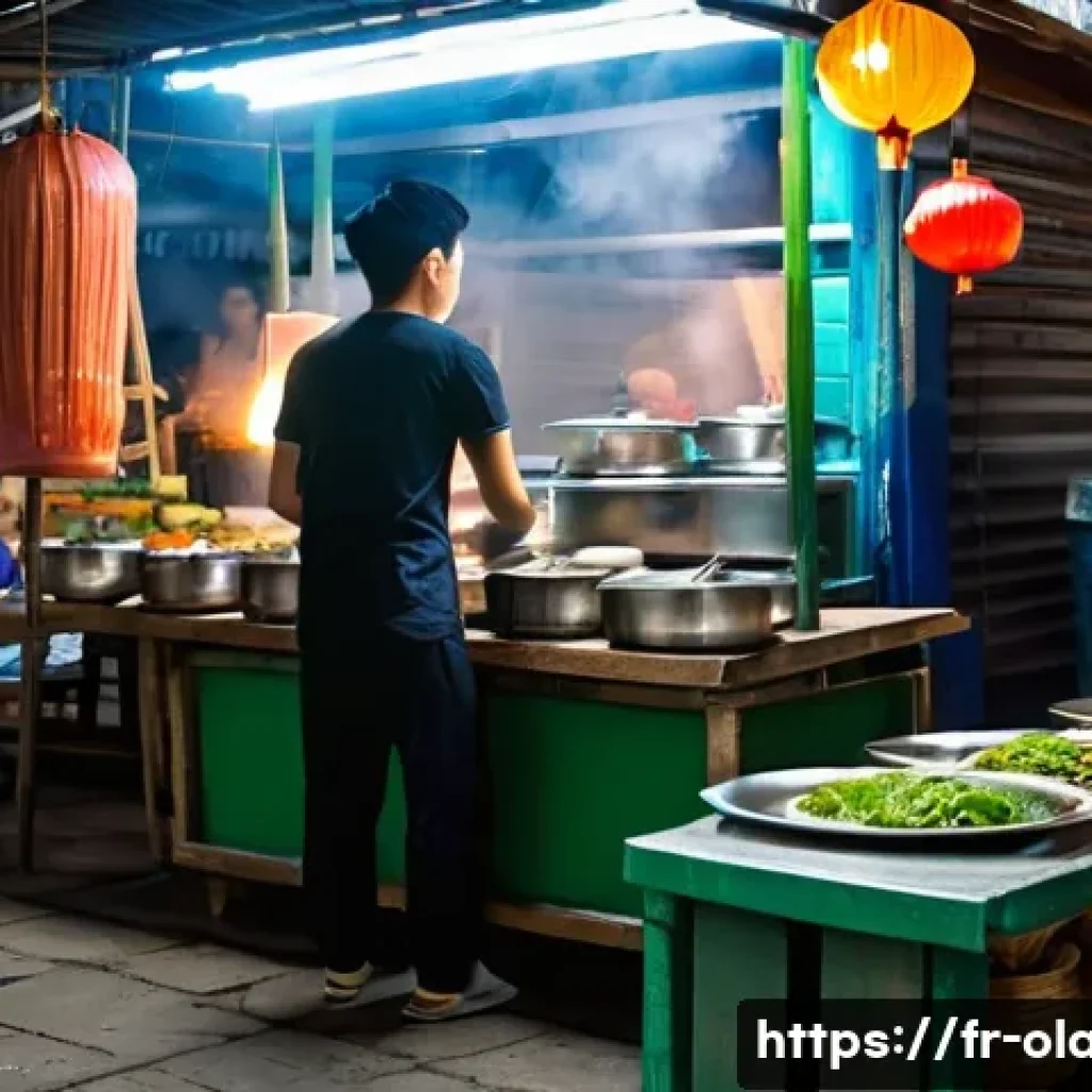 베트남어 필수 단어 - "A lively and authentic Vietnamese street food market at dusk. A young, casually but respectfully dr...