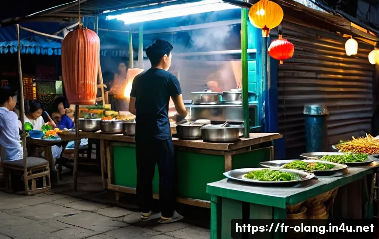 베트남어 필수 단어 - "A lively and authentic Vietnamese street food market at dusk. A young, casually but respectfully dr...