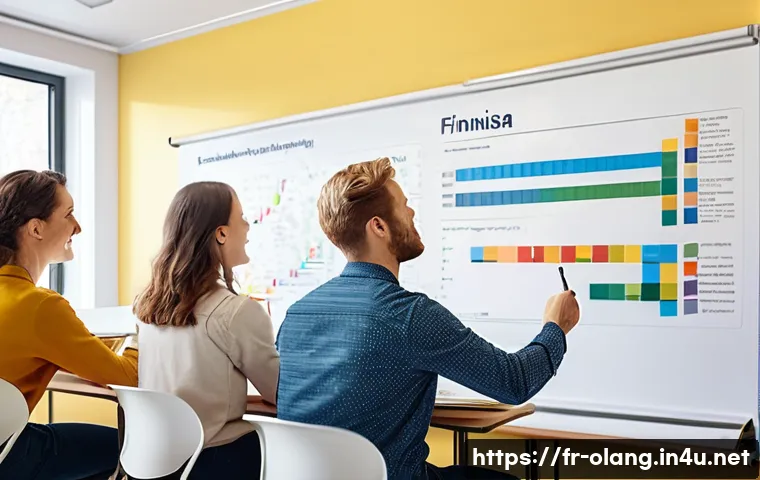핀란드어 문법 개요 - An artistic illustration of a Finnish language classroom scene with a diverse group of French-speaki...