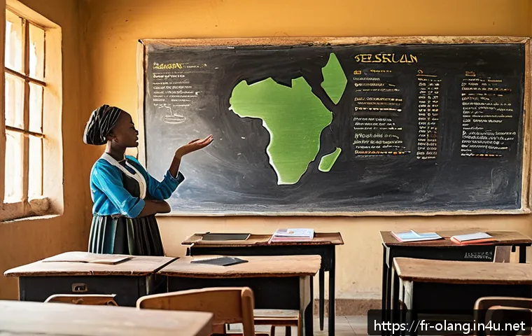 스와힐리어와 반투어 비교 - A vibrant classroom scene in East Africa illustrating the teaching of Swahili language grammar, feat...