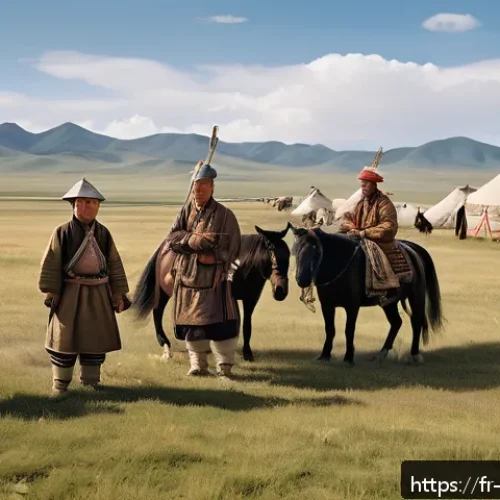 Home 32 몽골어와 만주어 관계 - A detailed historical scene depicting Mongolian and Manchu nomadic tribes in the steppes of Northeas...