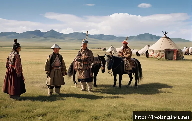 몽골어와 만주어 관계 - A detailed historical scene depicting Mongolian and Manchu nomadic tribes in the steppes of Northeas...