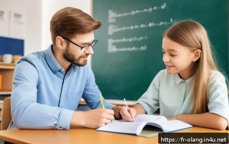 핀란드어 발음 가이드 - A detailed classroom scene showing a French adult learner attentively practicing Finnish pronunciati...
