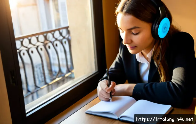아프리칸스어 발음법 - Photorealistic close-up of a French-speaking adult language learner wearing headphones, carefully pr...