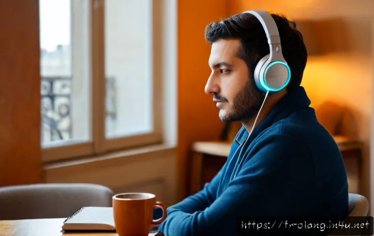 터키어 뉴스 듣기 추천 - Photorealistic morning scene in a cozy Paris apartment, a French adult wearing wireless headphones a...