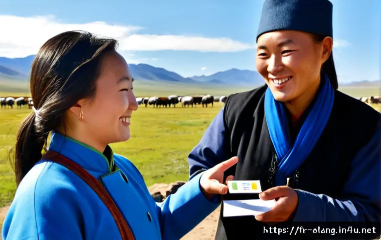 몽골어 여행 필수 표현 - Photorealistic travel scene in Ulaanbaatar, Mongolia: a French-speaking traveler politely showing a ...