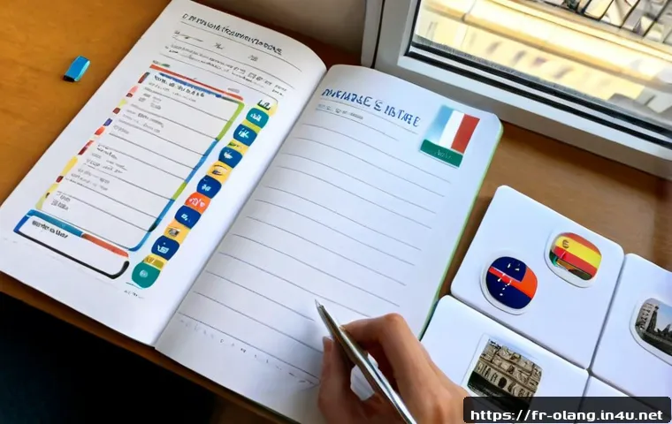헝가리어 어휘 확장법 - Photorealistic overhead view of a French adult learner expanding Hungarian vocabulary at a bright Pa...