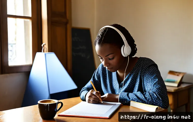 스와힐리어 시험 정보 - Photorealistic French university student preparing for a Swahili language exam at a tidy desk in Par...