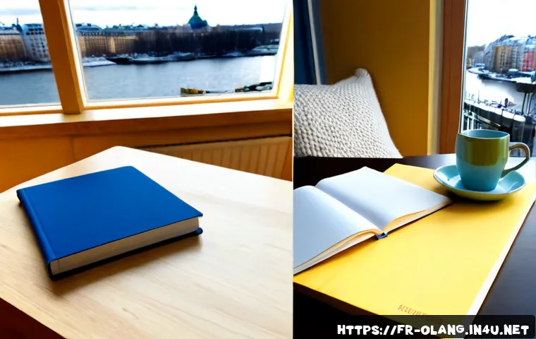 핀란드어와 스웨덴어 차이 - Photorealistic split-screen comparison of a French language learner studying two Nordic languages at...